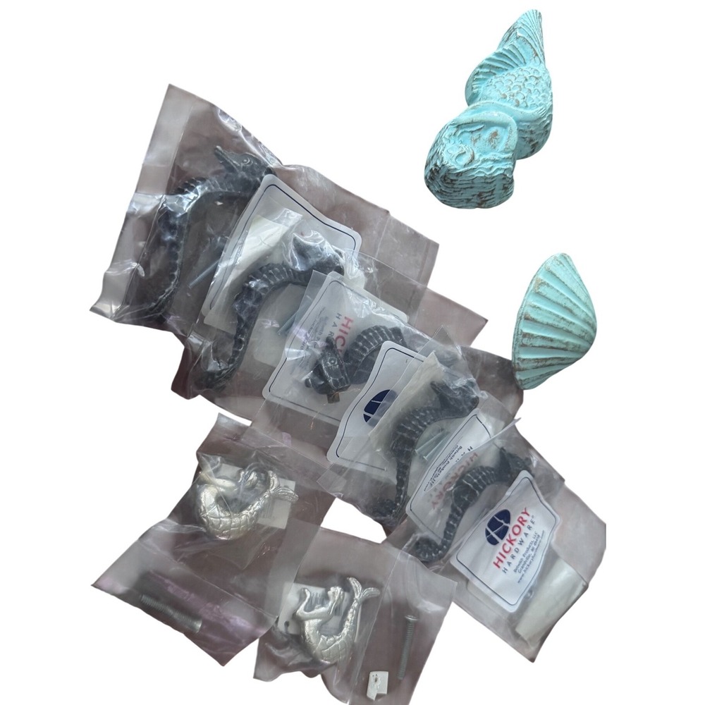 9pc Nautical Cabinet Hardware Lot Hickory Hardware Seahorse Mermaid Shell Knobs